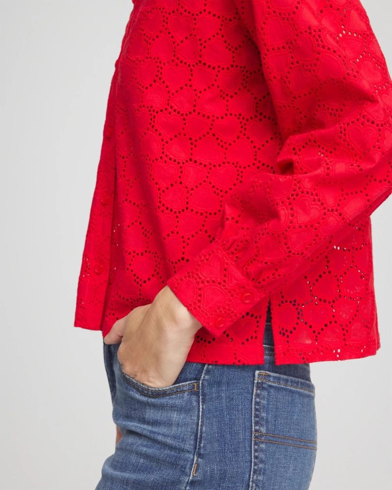 Chicos Heart Eyelet Button Down Shirt - LOVE LETTER RED