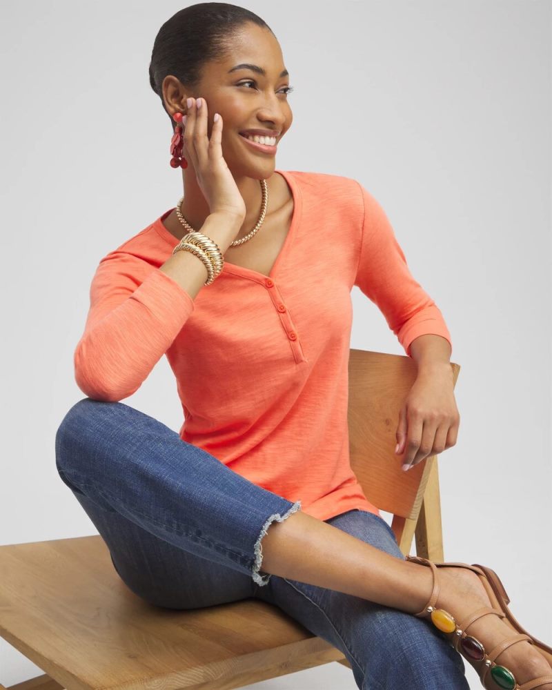 Chicos Henley Side Slit Tunic - NECTARINE