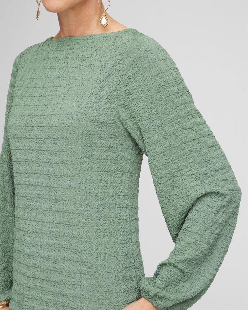 Chicos Smocked Boatneck Top - MINERAL GREEN