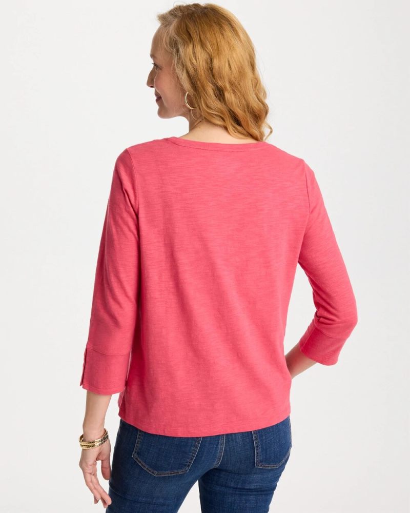 Chicos Cotton Slub 3/4 Sleeve Button Tee - HOT HONEYSUCKLE