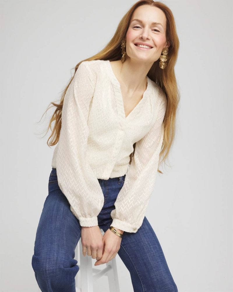 Chicos Chevron Blouson Sleeve Blouse - ECRU