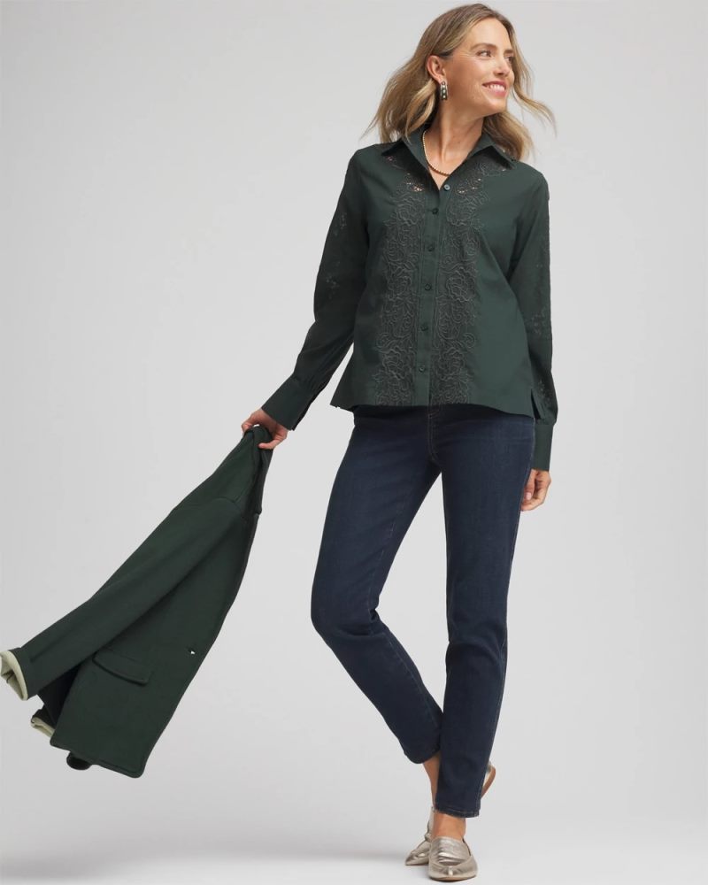 Chicos Lace Cotton Voile Shirt - DARKEST SPRUCE
