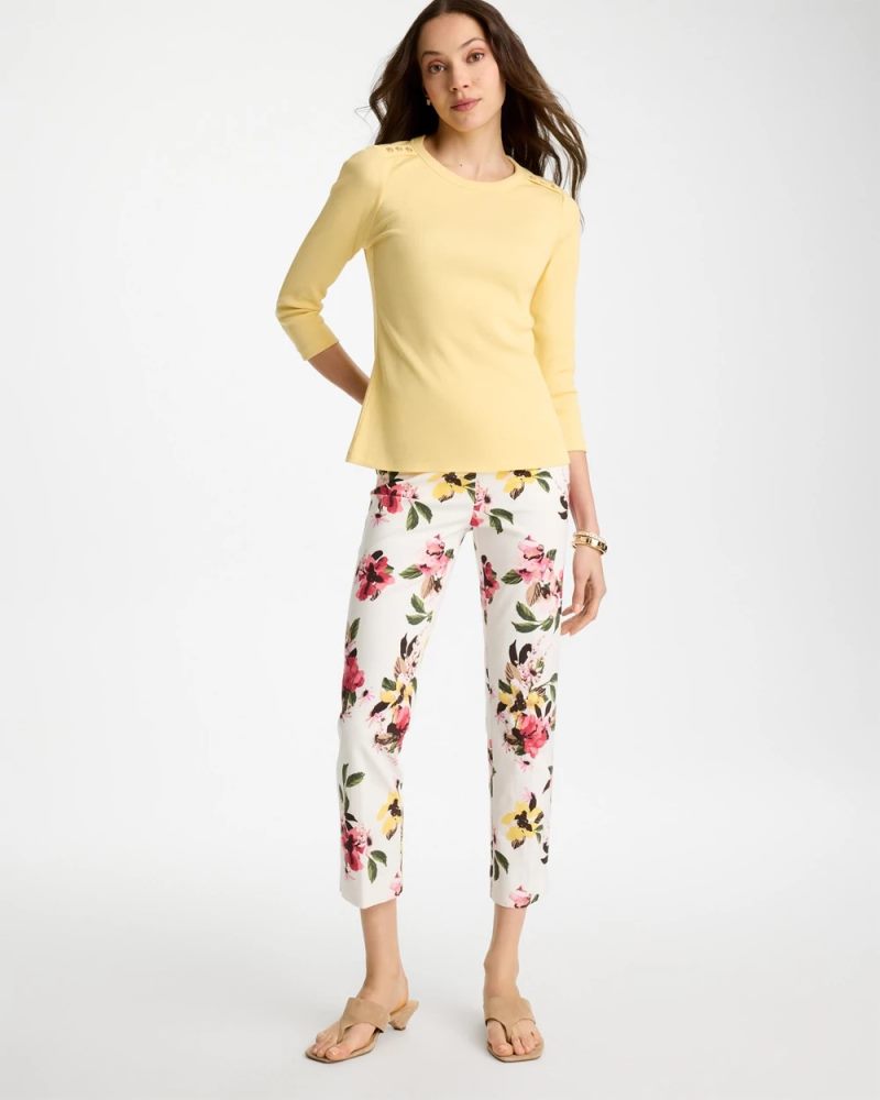 Chicos Ribbed Button Crewneck Tee - GOLDEN HAZE