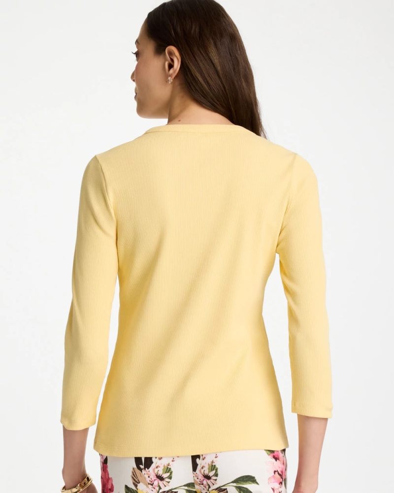 Chicos Ribbed Button Crewneck Tee - GOLDEN HAZE