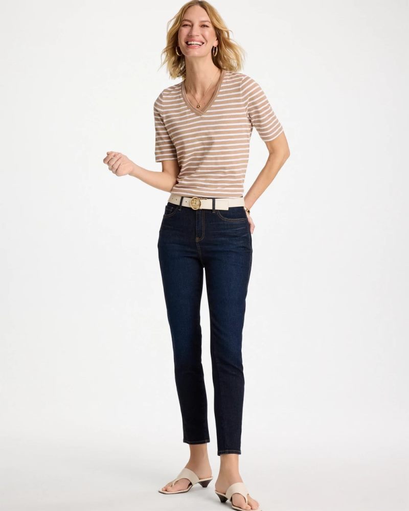 Chicos Striped Cotton Slub V-Neck Tee - CATTAIL BROWN