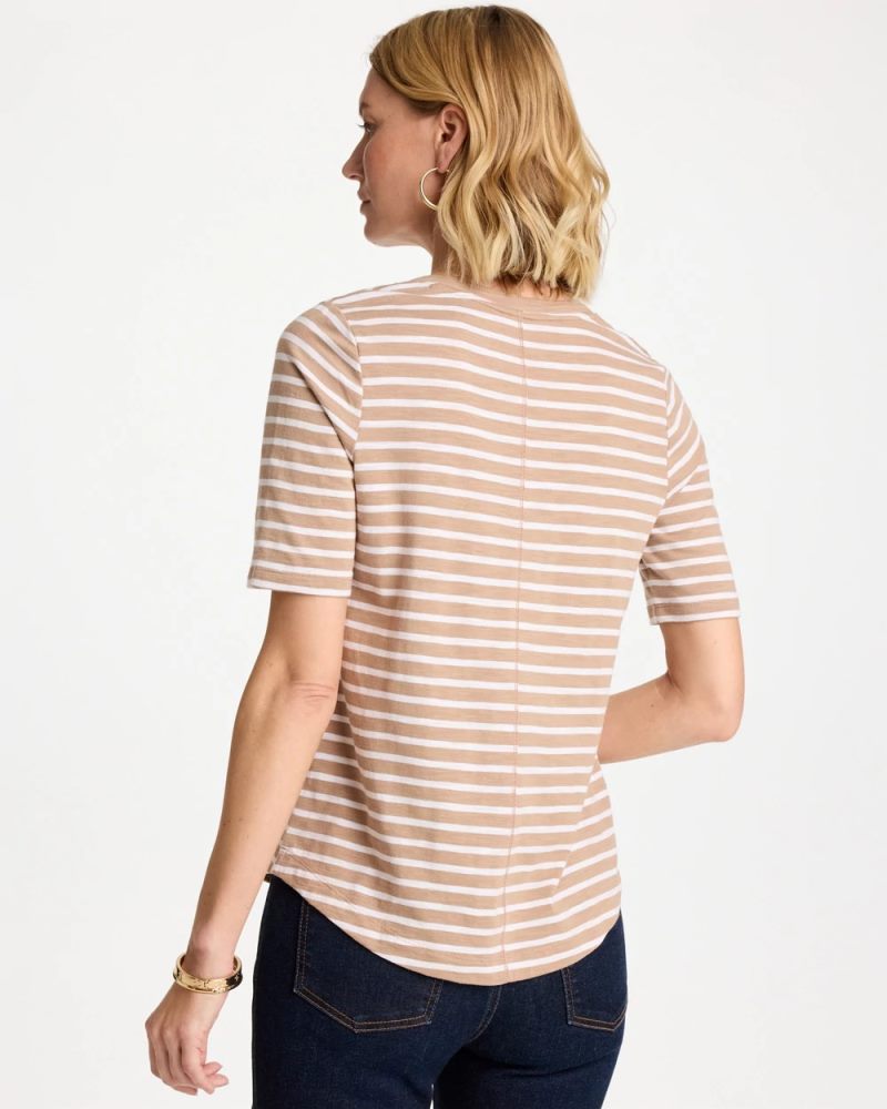 Chicos Striped Cotton Slub V-Neck Tee - CATTAIL BROWN