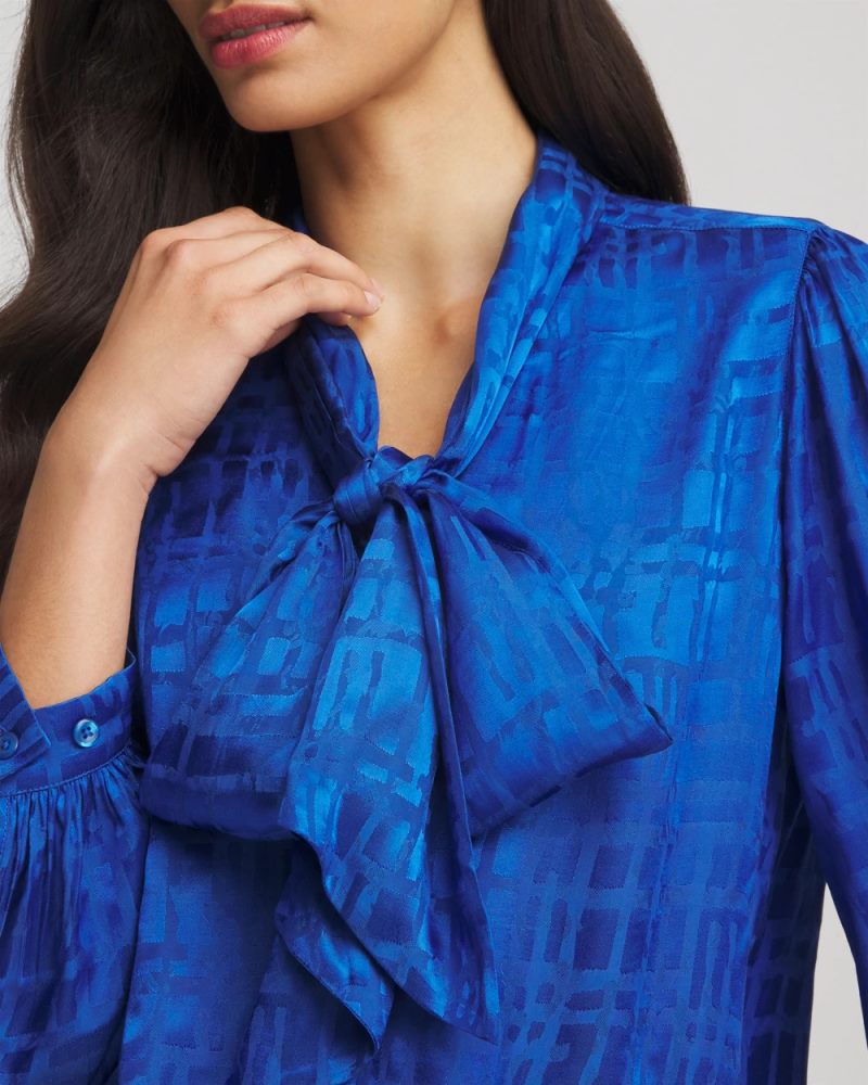 Chicos Jacquard Tie-Front Blouse - COBALT STONE