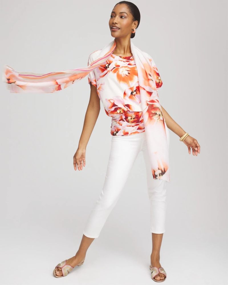 Chicos Touch of Cool™ Tropical Ruched Banded Hem Top - ORANGE TANGO