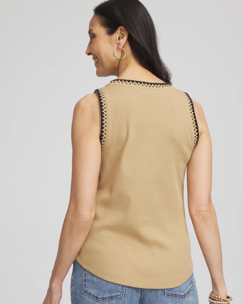 Chicos Contrast-Trim Ribbed Cotton Tank Top - CAFE AROMA