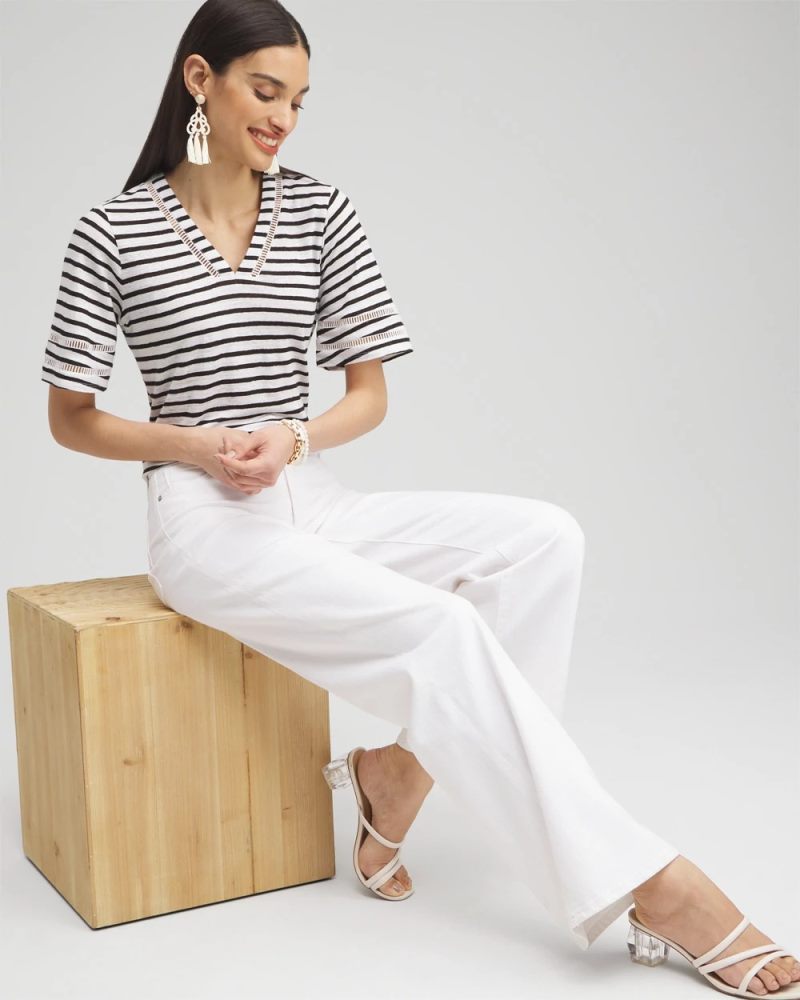 Chicos Linen Stripe Ladder Lace Tee - ALABASTER