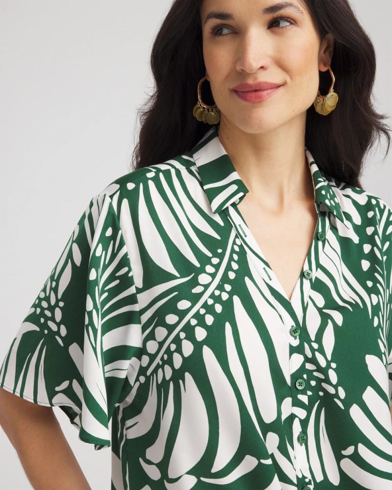Chicos Palm Print Tie-Front Silky Top - PALM LEAF
