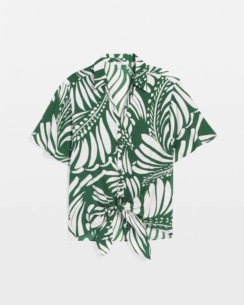 Chicos Palm Print Tie-Front Silky Top - PALM LEAF