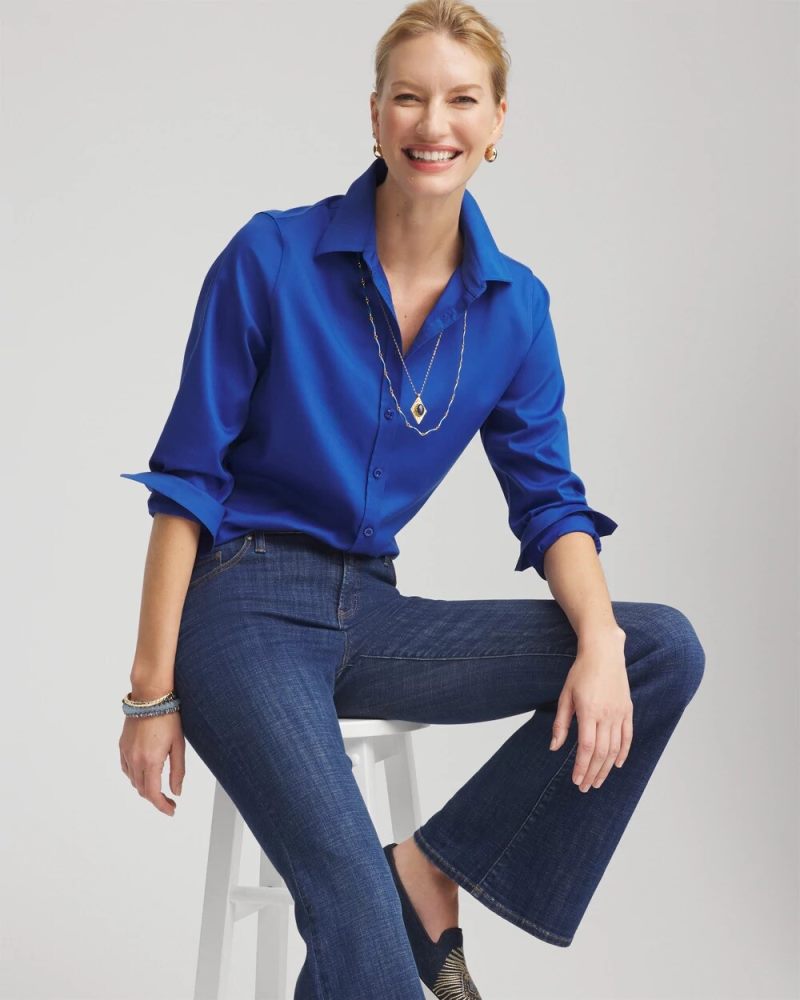 Chicos No Iron Stretch-Sateen Shirt - COBALT STONE