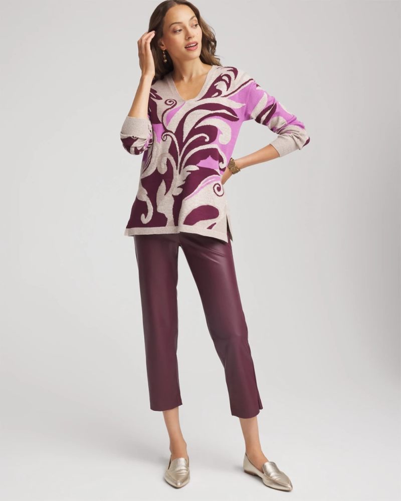 Chicos Intarsia Knit V-Neck Pullover Sweater - GOOSEBERRY