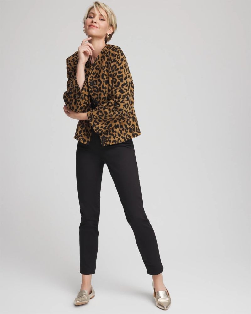 Chicos Fuzzy Collarless Animal Print Jacket - CAMEL