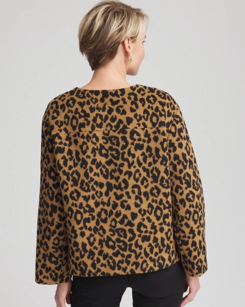 Chicos Fuzzy Collarless Animal Print Jacket - CAMEL
