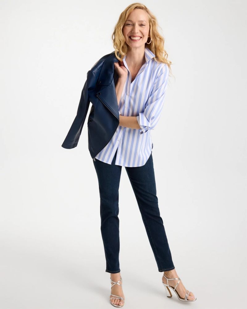Chicos No Iron Striped Stretch Shirt - BLUE ORCHID