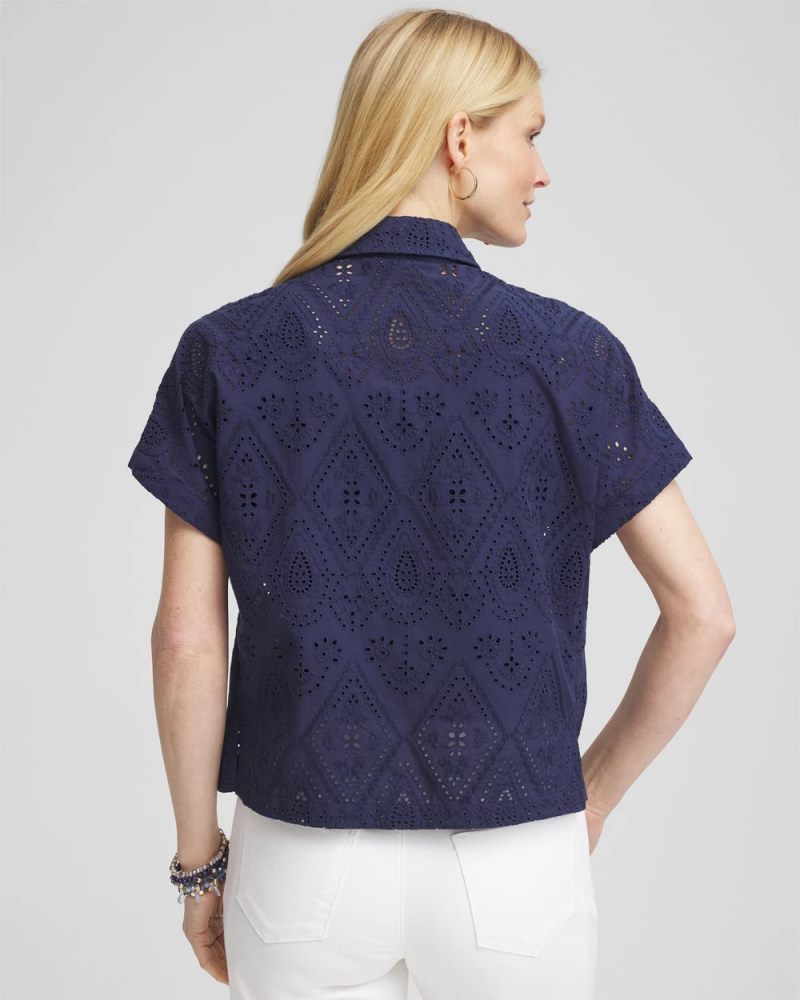 Chicos Embroidered Eyelet Button-down Top - PASSPORT BLUE