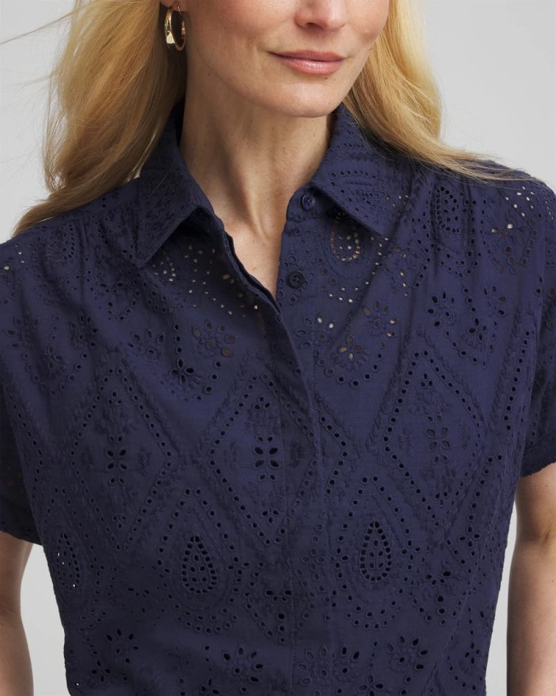 Chicos Embroidered Eyelet Button-down Top - PASSPORT BLUE