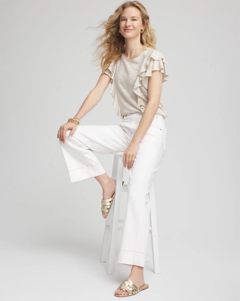 Chicos Embroidered Flutter-Sleeve Tee - RIVER ROCK