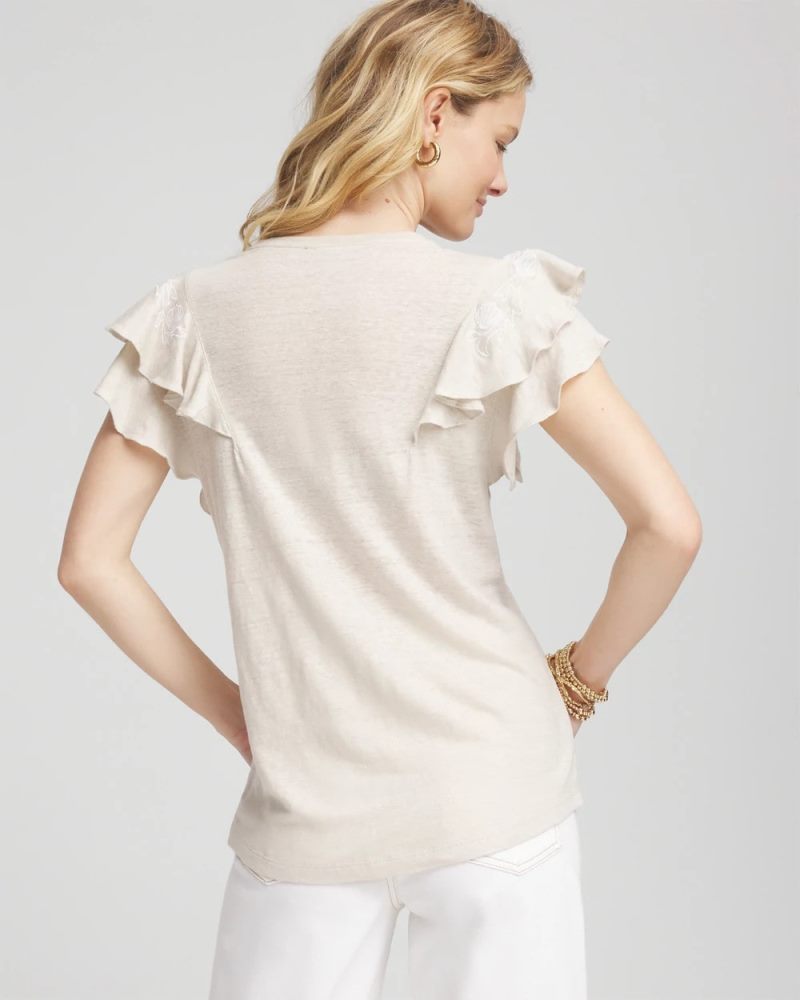 Chicos Embroidered Flutter-Sleeve Tee - RIVER ROCK