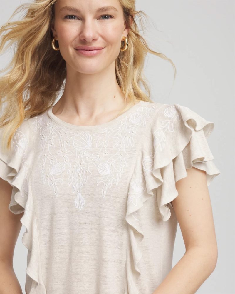Chicos Embroidered Flutter-Sleeve Tee - RIVER ROCK