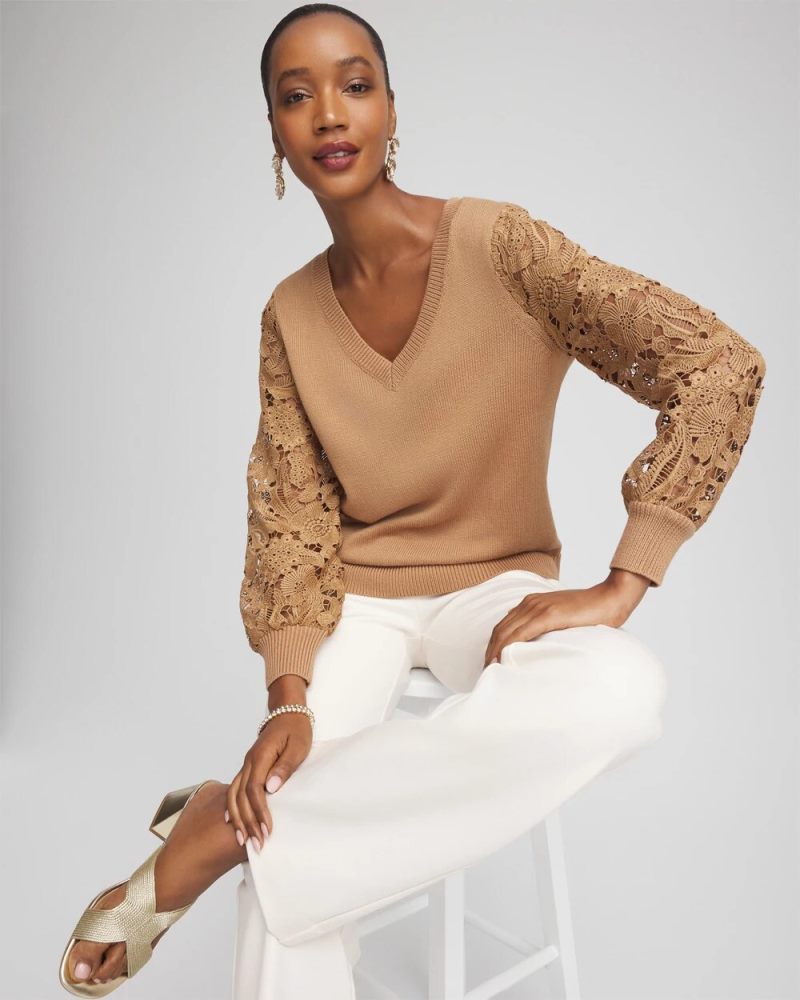 Chicos Woven Lace V-Neck Pullover Sweater - CARAMEL APPLE