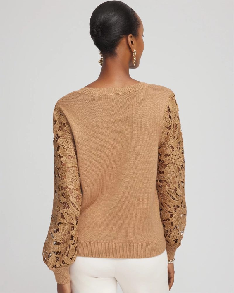 Chicos Woven Lace V-Neck Pullover Sweater - CARAMEL APPLE