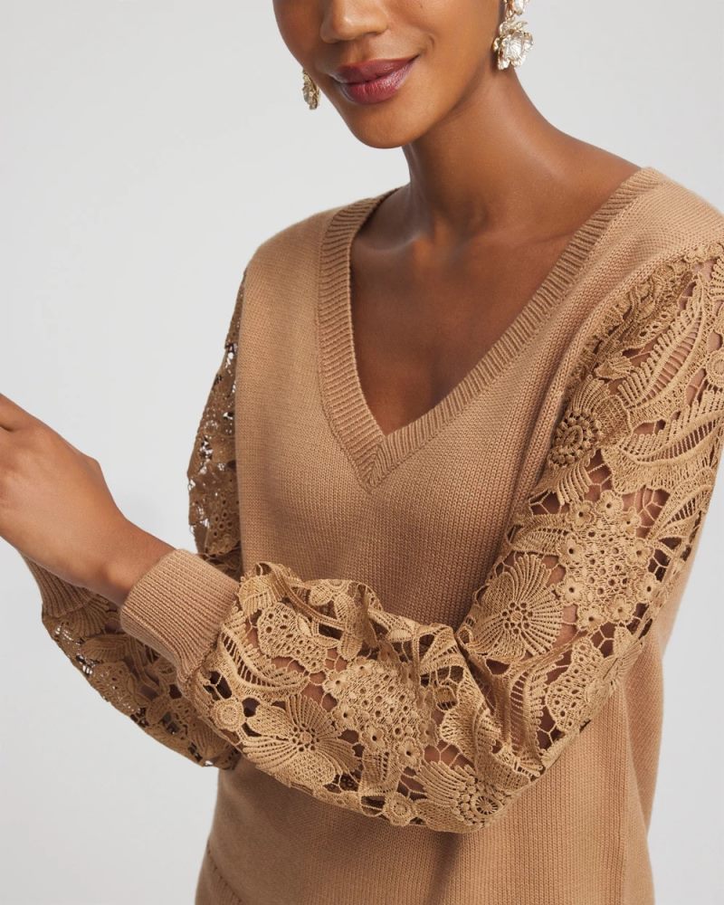 Chicos Woven Lace V-Neck Pullover Sweater - CARAMEL APPLE