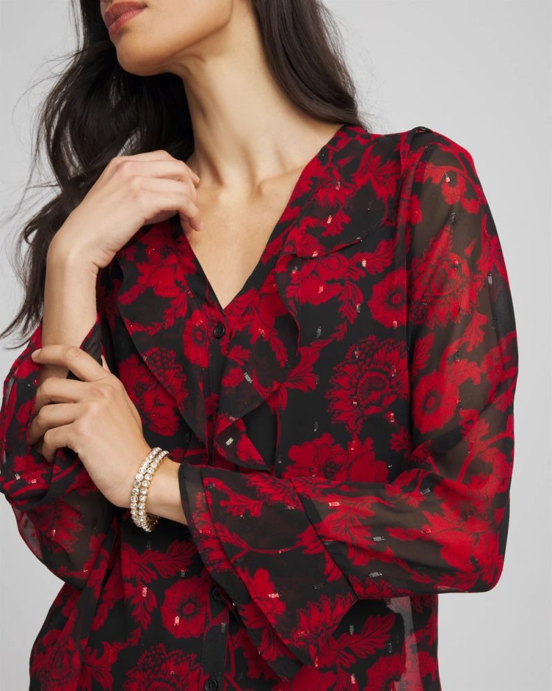 Chicos Georgette Clip Dot Ruffle Blouse - CARMINE RED