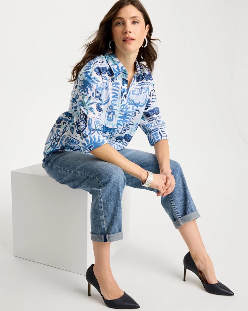 Chicos Cotton Voile Collared Beach Shirt - BONDI BLUE