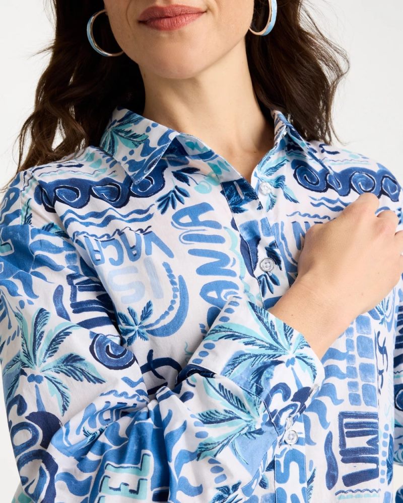 Chicos Cotton Voile Collared Beach Shirt - BONDI BLUE