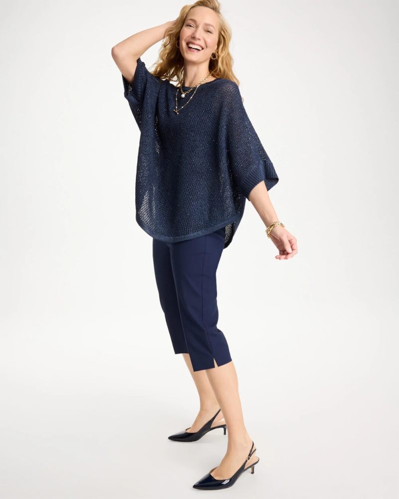 Chicos Sequin Boatneck Rounded Hem Poncho - PASSPORT BLUE