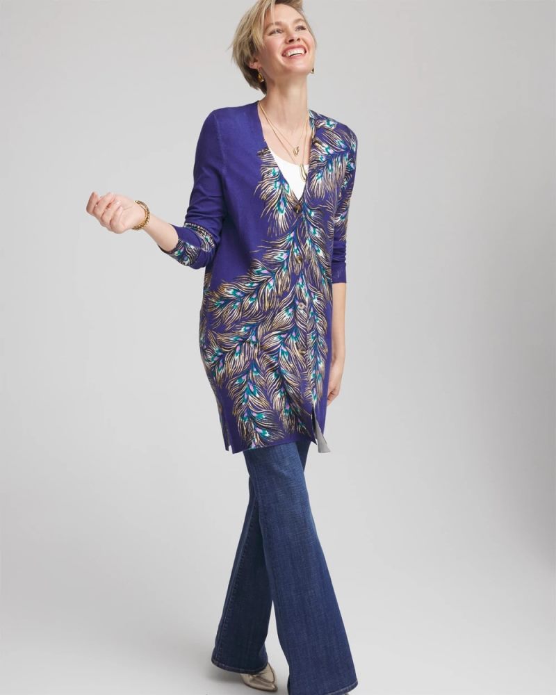 Chicos Ella Peacock-Print Cardigan Sweater - DARK COBALT