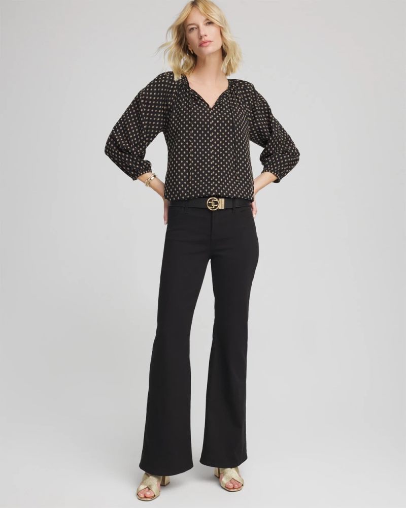 Chicos Floral Print Tie-Neck Top - BLACK