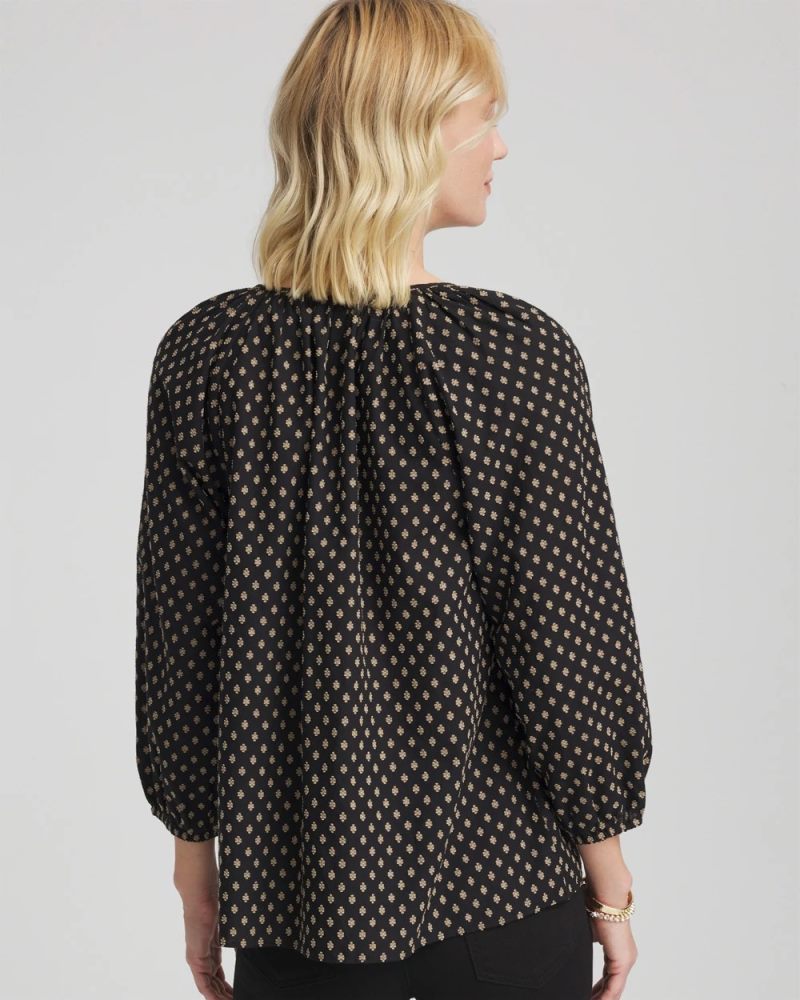Chicos Floral Print Tie-Neck Top - BLACK