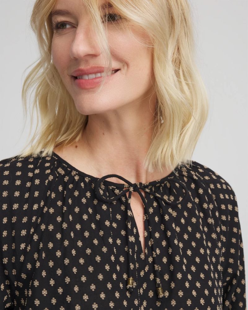 Chicos Floral Print Tie-Neck Top - BLACK