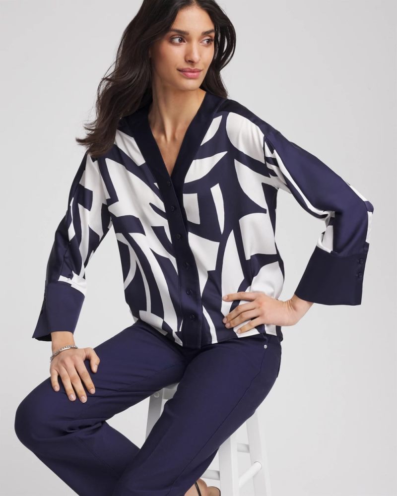 Chicos Satin Geo Print Blouse - PASSPORT BLUE