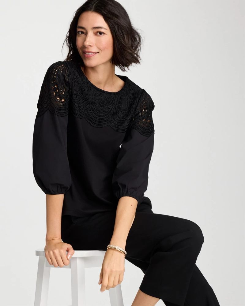 Chicos Lace Crochet Sleeve Tee - BLACK