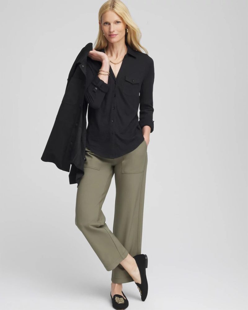 Chicos Collared Henley Shirt - BLACK