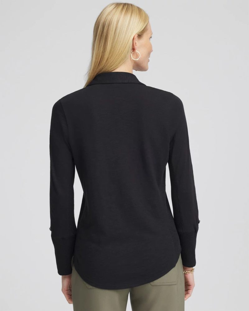 Chicos Collared Henley Shirt - BLACK