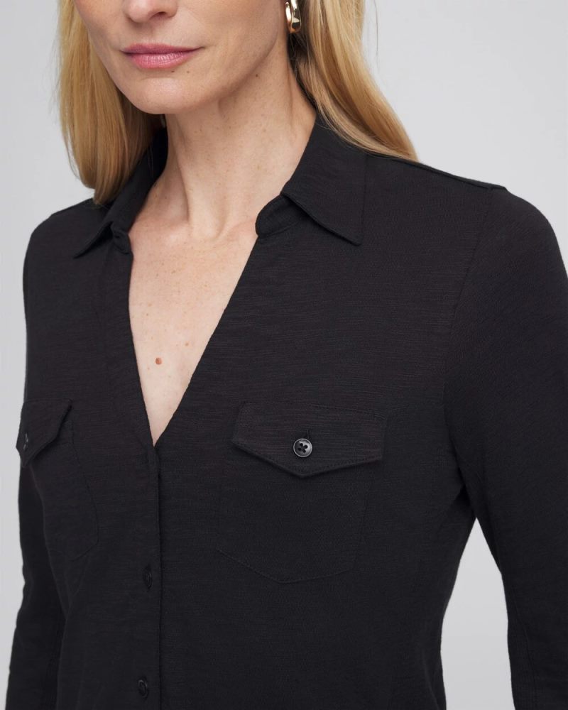 Chicos Collared Henley Shirt - BLACK