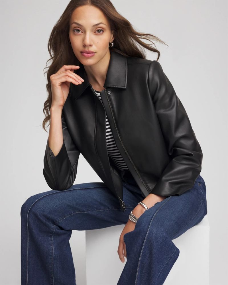 Chicos Faux Leather Zip-Front Jacket - BLACK