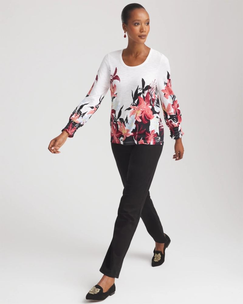 Chicos Floral-Motif Smocked Cotton-Slub Tee - ALABASTER