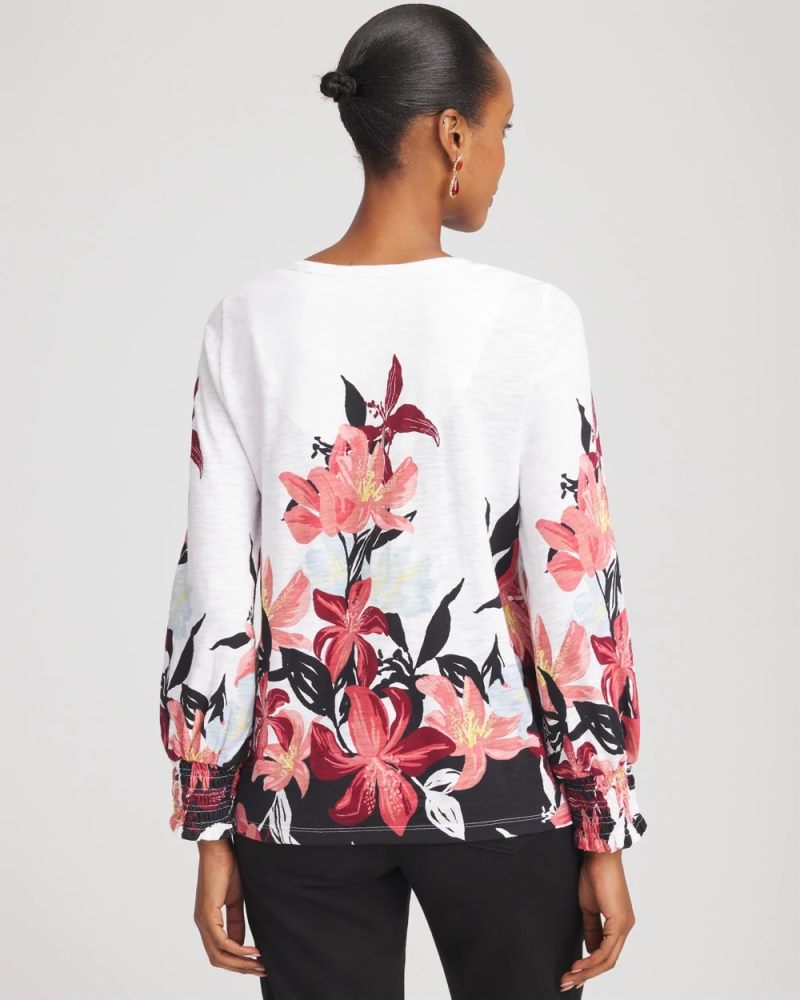 Chicos Floral-Motif Smocked Cotton-Slub Tee - ALABASTER