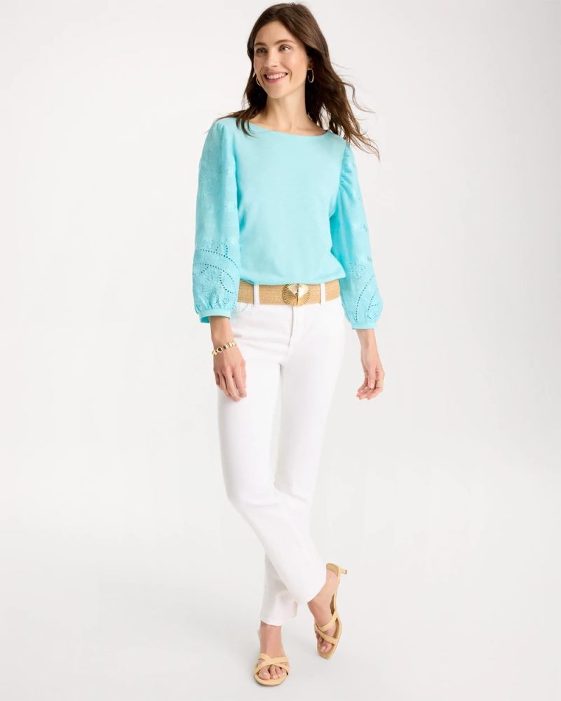 Chicos Cotton Eyelet Sleeve Tee - BONDI BLUE