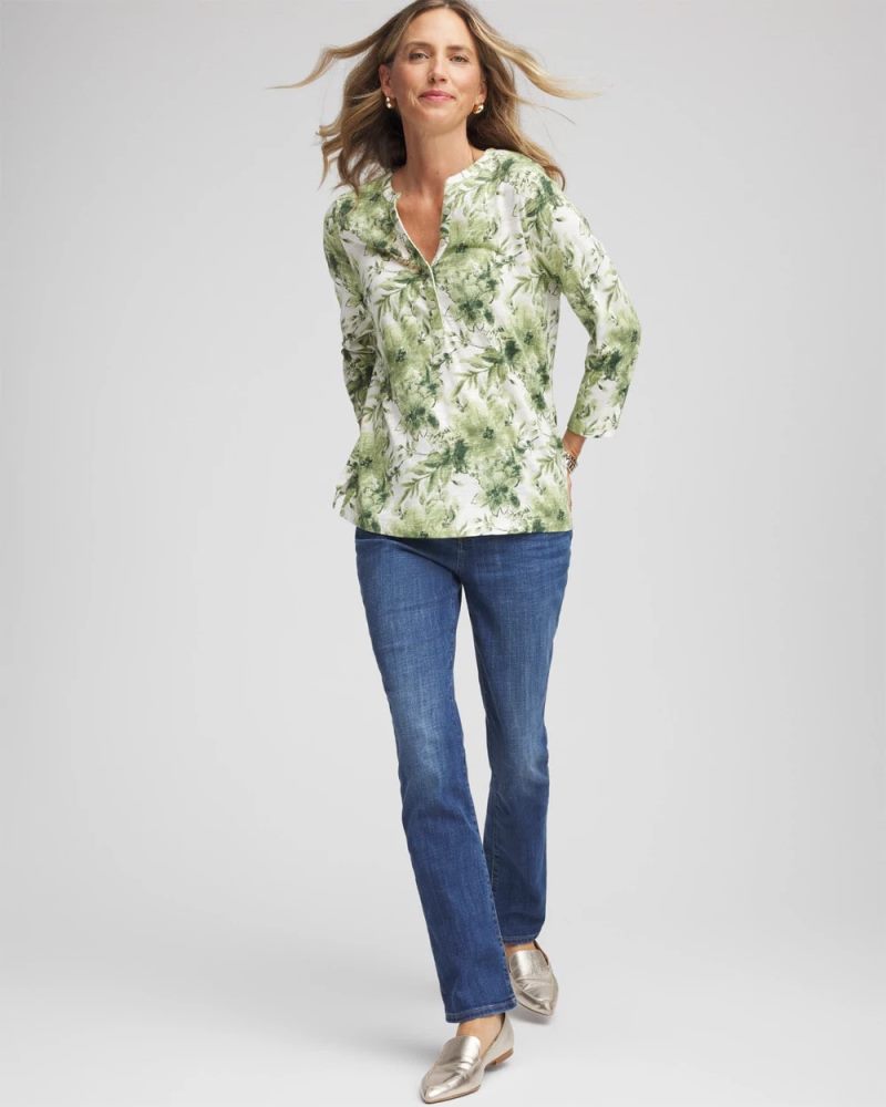 Chicos Printed Slub Splitneck Henley Tee - SAGE MEADOW