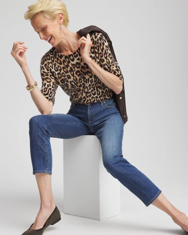 Chicos Cashmere Animal Elbow-Sleeve Pullover - CAMEL