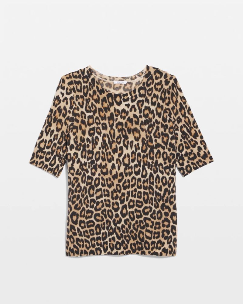 Chicos Cashmere Animal Elbow-Sleeve Pullover - CAMEL