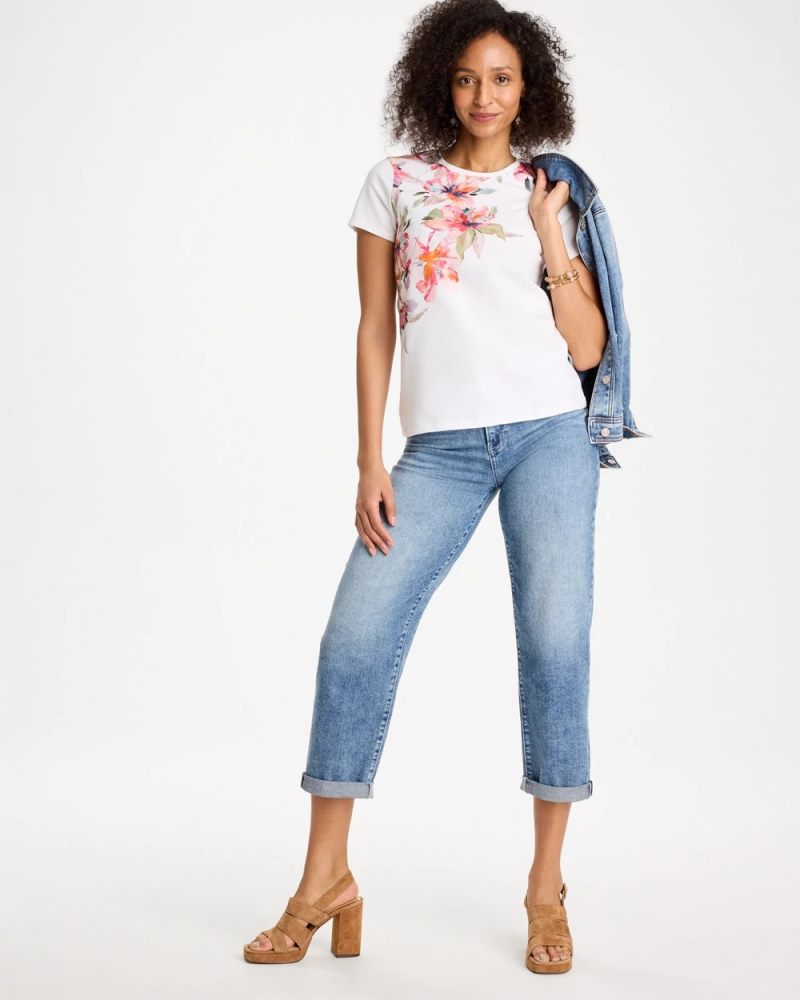 Chicos Cotton Stretch Ethereal Floral Cap Sleeve Tee - CALYPSO CORAL